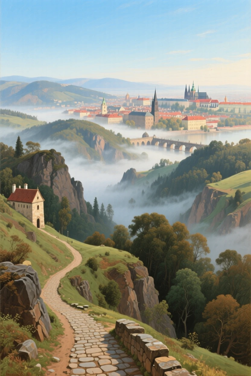 A sweeping aerial perspective of a historic pilgrimage trail winding through misty mountains, in old Prague, under a clear blue sky.