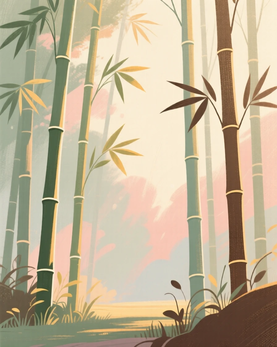 A quiet bamboo grove with light filtering through tall stalks