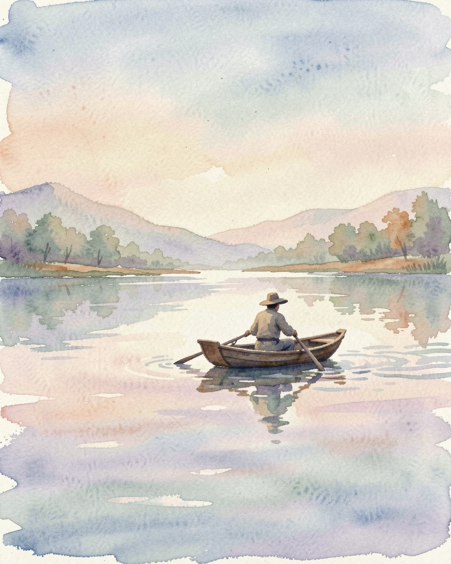 A fisherman rowing a small boat across a calm lake.