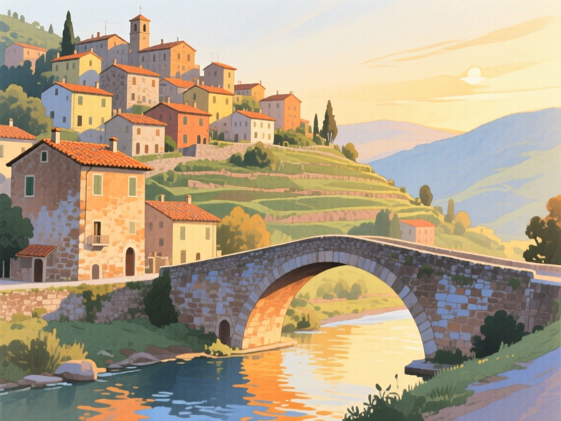 A picturesque view of a terraced hillside town in Italy with a stone bridge arching over a canal, at golden hour