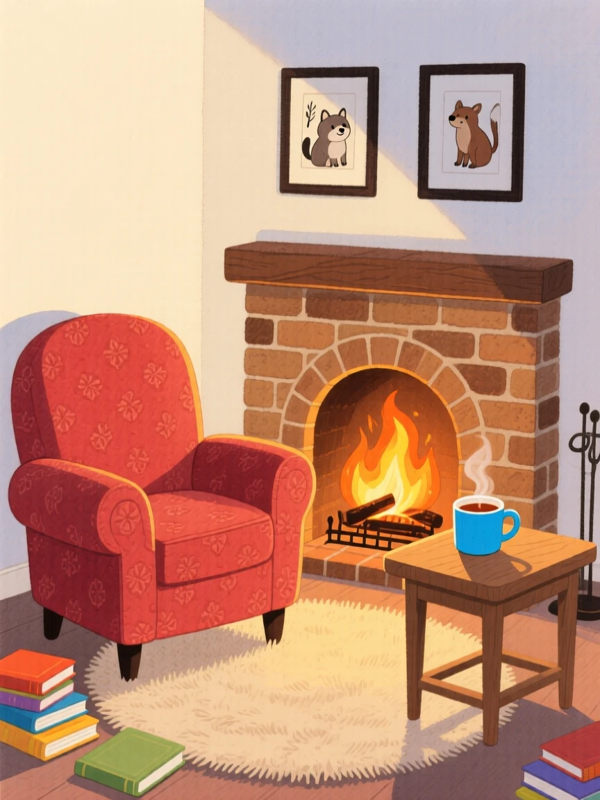 A cozy reading nook by a crackling fireplace, glowing softly as evening falls.
