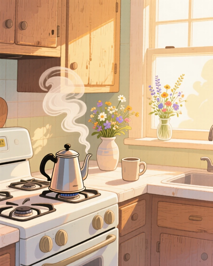 A kitchen filled with the warm glow of morning light and a pot of coffee brewing, with steam curling gently upward, evoking a gentle, unhurried happiness.