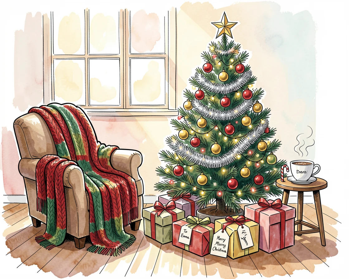 A festive Christmas morning scene with presents beneath a decorated tree, a festive warmth filling the entire scene.