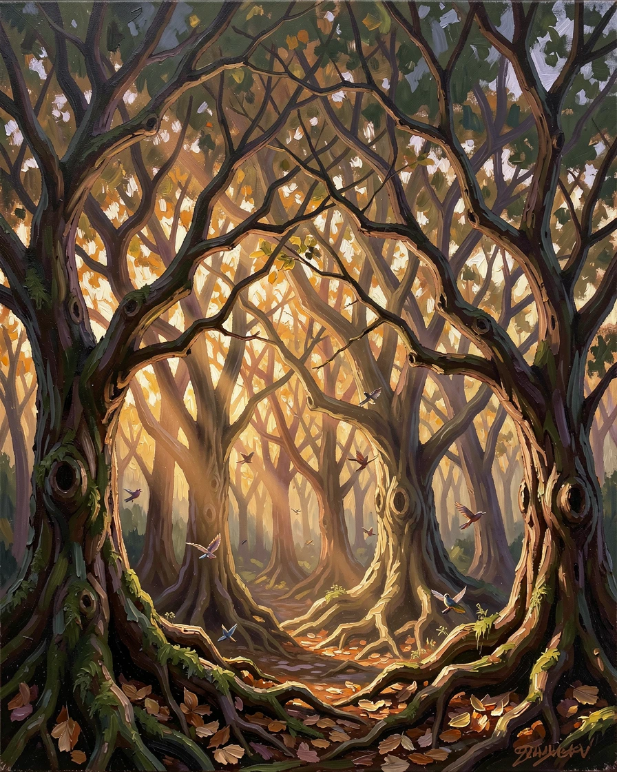 Where shafts of light break through the dense canopy, a dark, fairy-tale forest with twisted, gnarled trees, birdsong echoing through the still air, at golden hour, warm light filtering through the leaves.