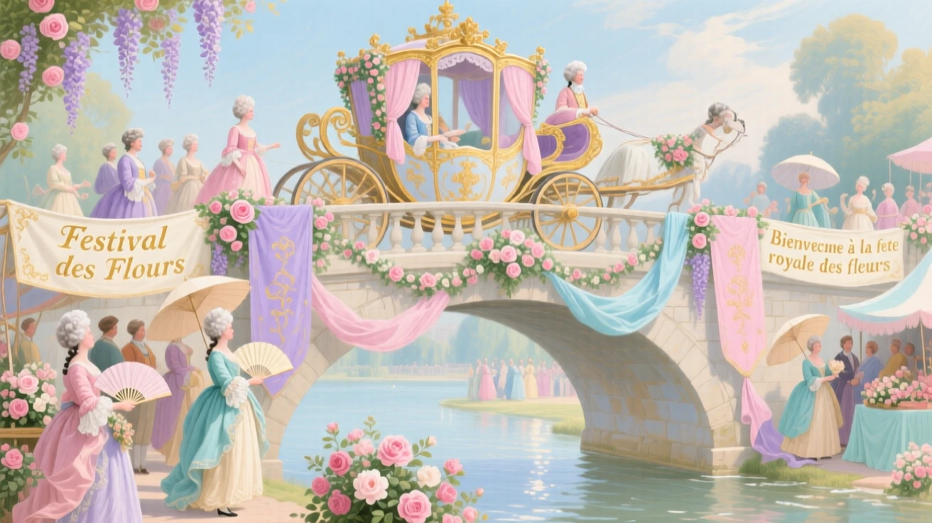 A royal carriage crossing a bridge during a flower festival  