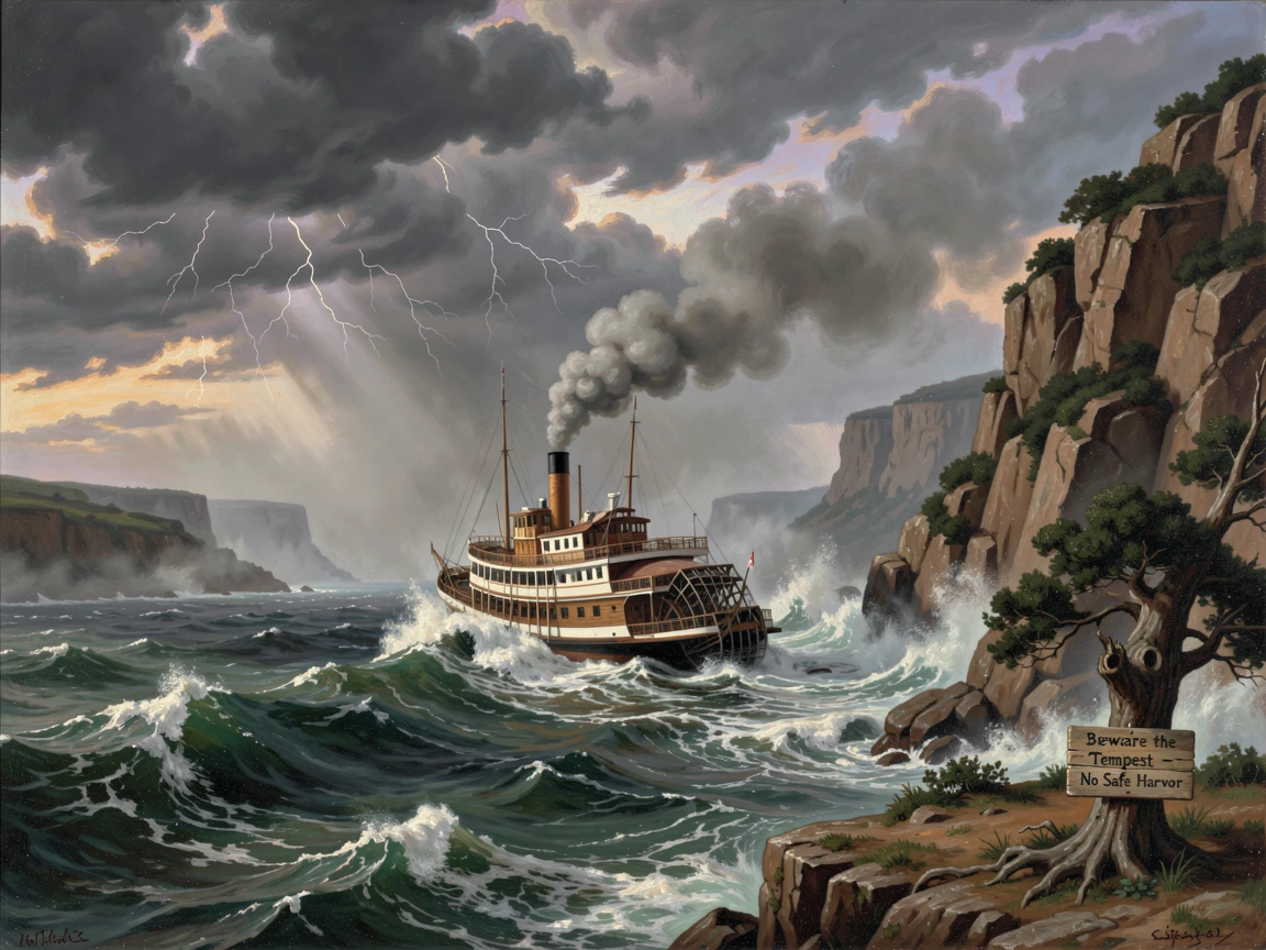 A steamship battles rough seas beneath a rocky coastline in the mist as thunder rolls in the distance.