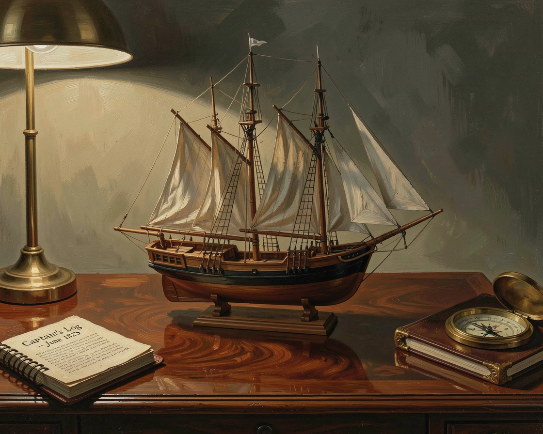 A vintage sailboat model displayed on a captain's polished wooden desk, with soft, warm light highlighting every fine texture and detail, designed as a sophisticated piece for upscale interior decor
