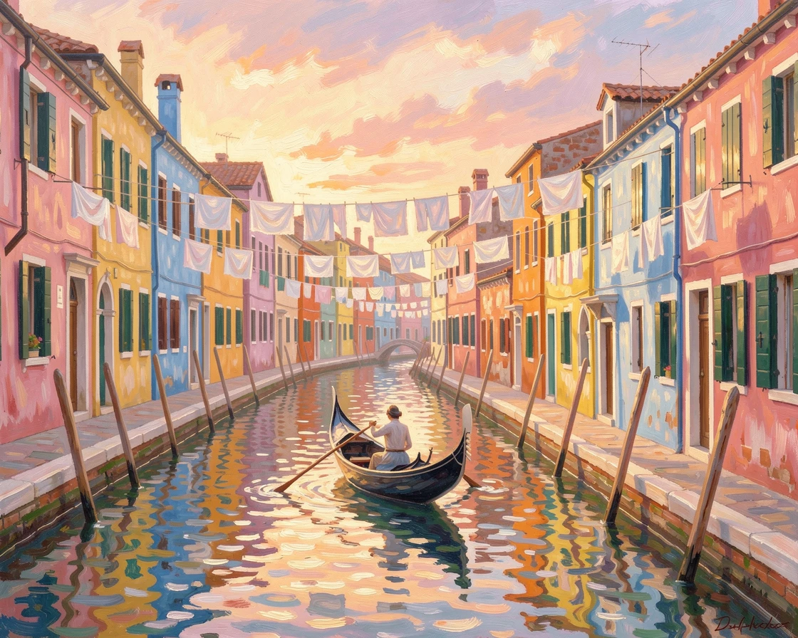 A gondola drifting past the colorful facades of Burano island, laundry strung between windows overhead, under a glowing sunset sky.