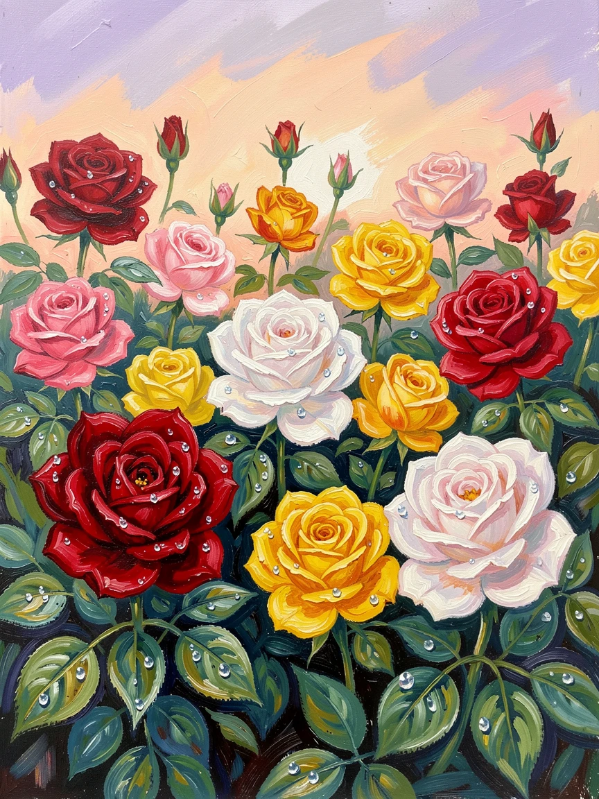 A rose garden at dawn, dew clinging to velvety petals in every shade.