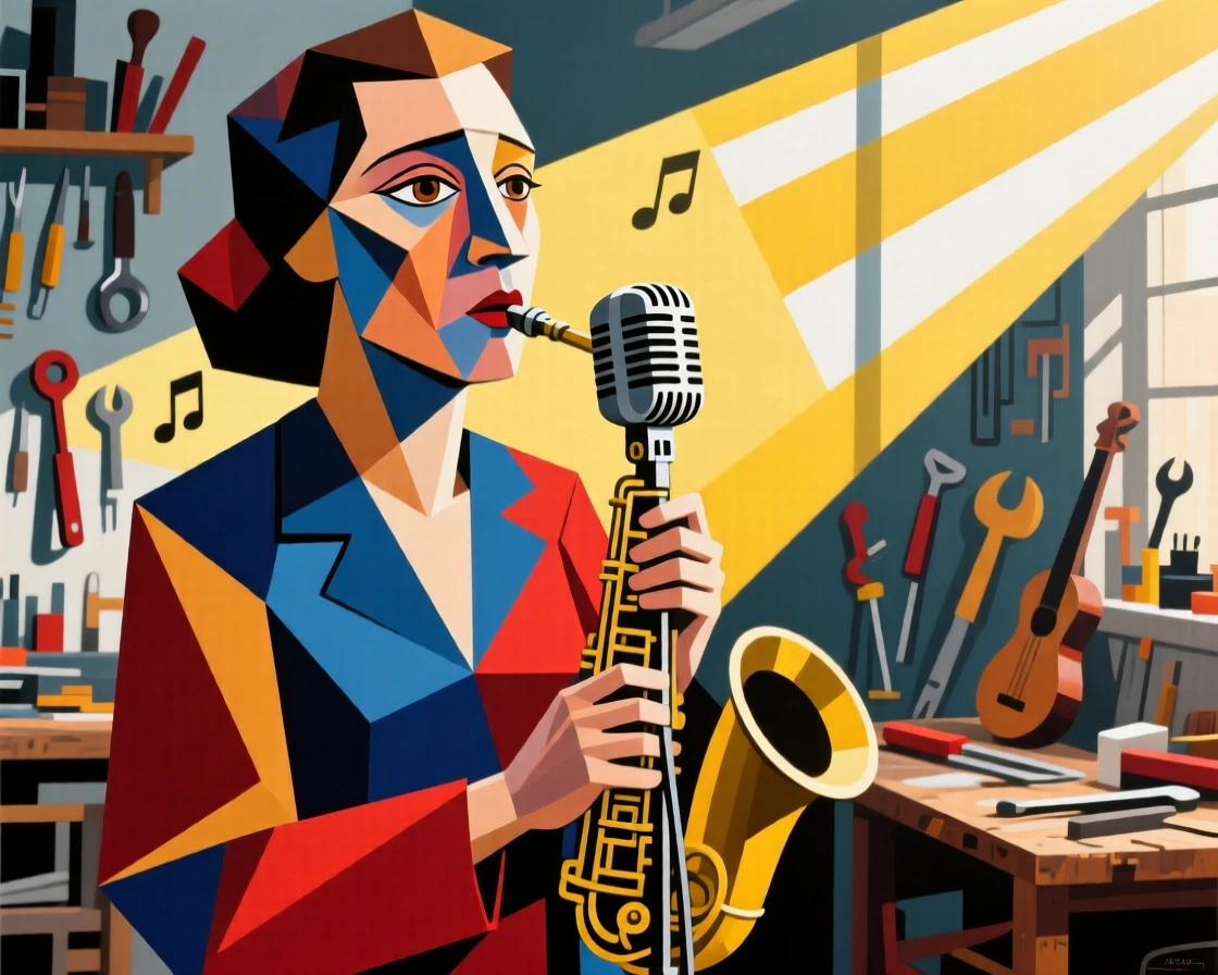 A medium shot portrait of a jazz singer in a sunlit workshop, focused and content in the craft.