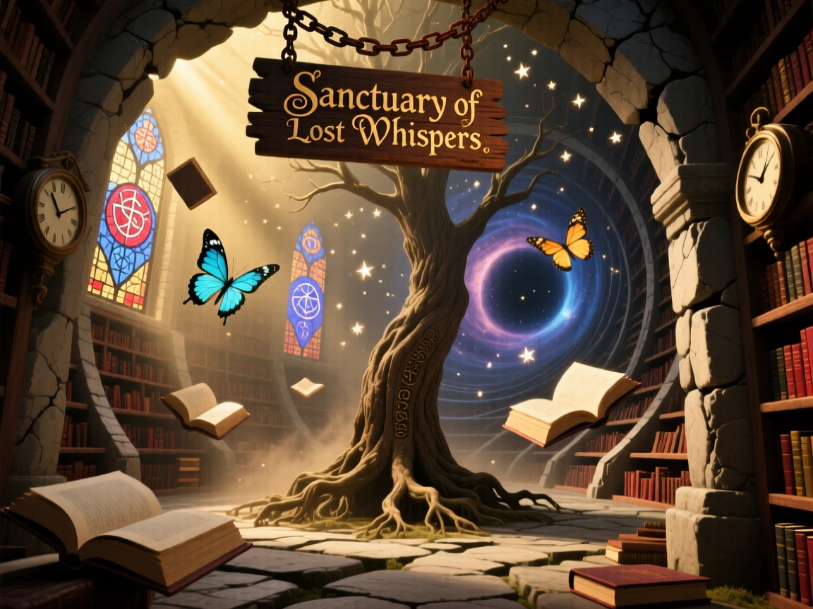 A vast library where books float gently between towering shelves holds its secrets quietly behind crumbling stone walls, while dust motes drift like tiny stars through beams of light.