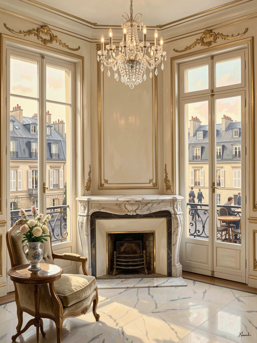 An elegant Parisian apartment interior shows tall windows overlooking rooftops, ornate molding, and a crystal chandelier casting soft light across a marble fireplace, local life visible in the background, adding a quiet sense of authenticity to the scene.