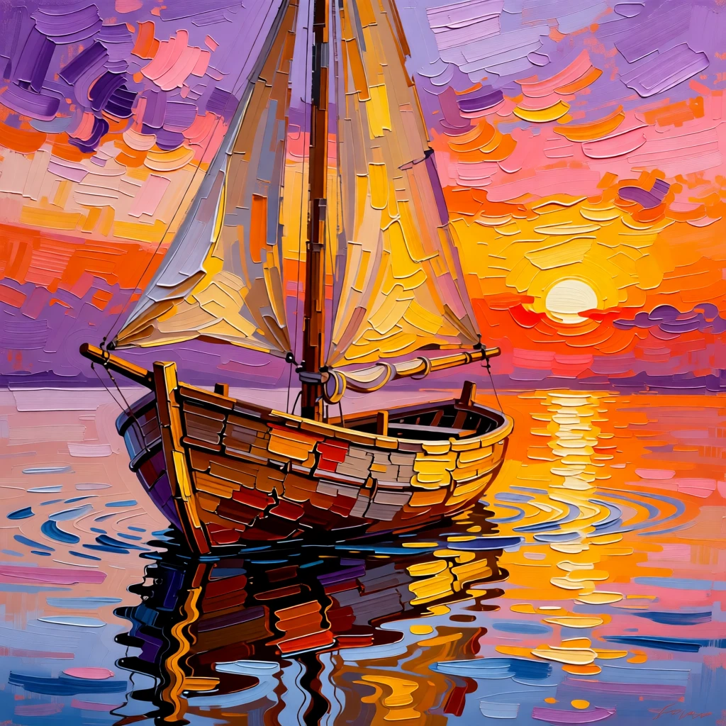 An old wooden sailboat drifting through calm waters at golden hour