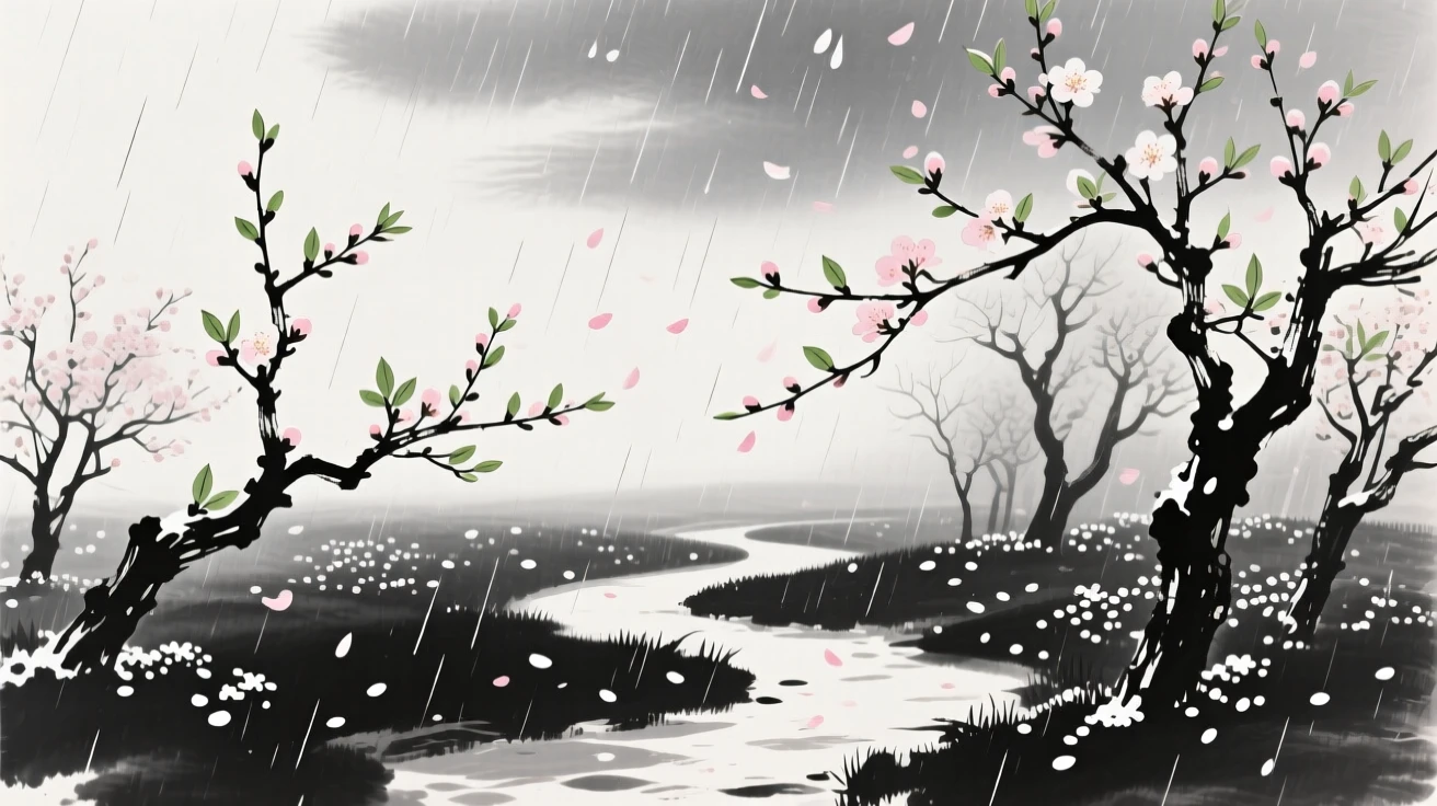 A gentle spring rain falls over a garden full of budding trees, as petals drift like snow across the path.