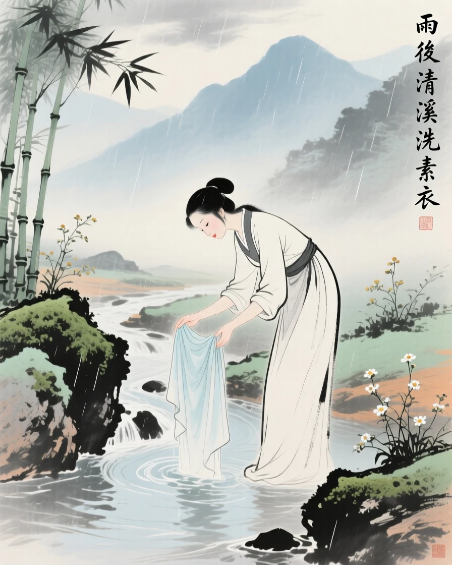 A woman washing silk in a clear mountain stream, just after a rain shower.