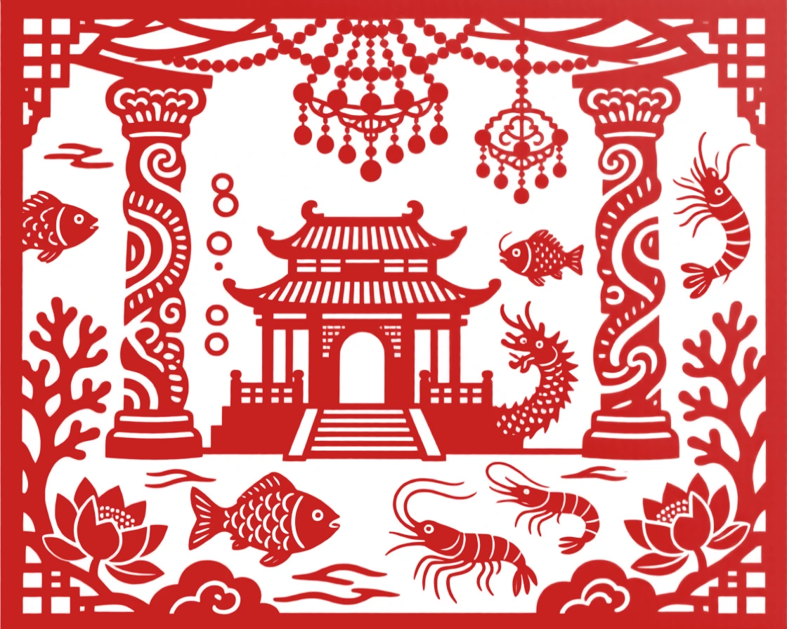 The Dragon King's underwater palace with coral pillars and pearl chandeliers, fish and shrimp attendants swimming past