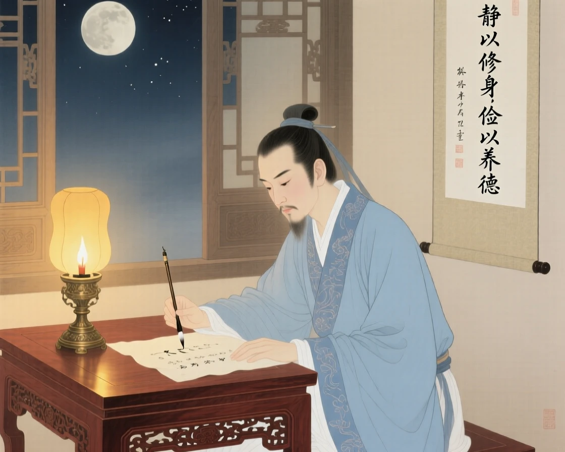 A young scholar studying by candlelight late into the night