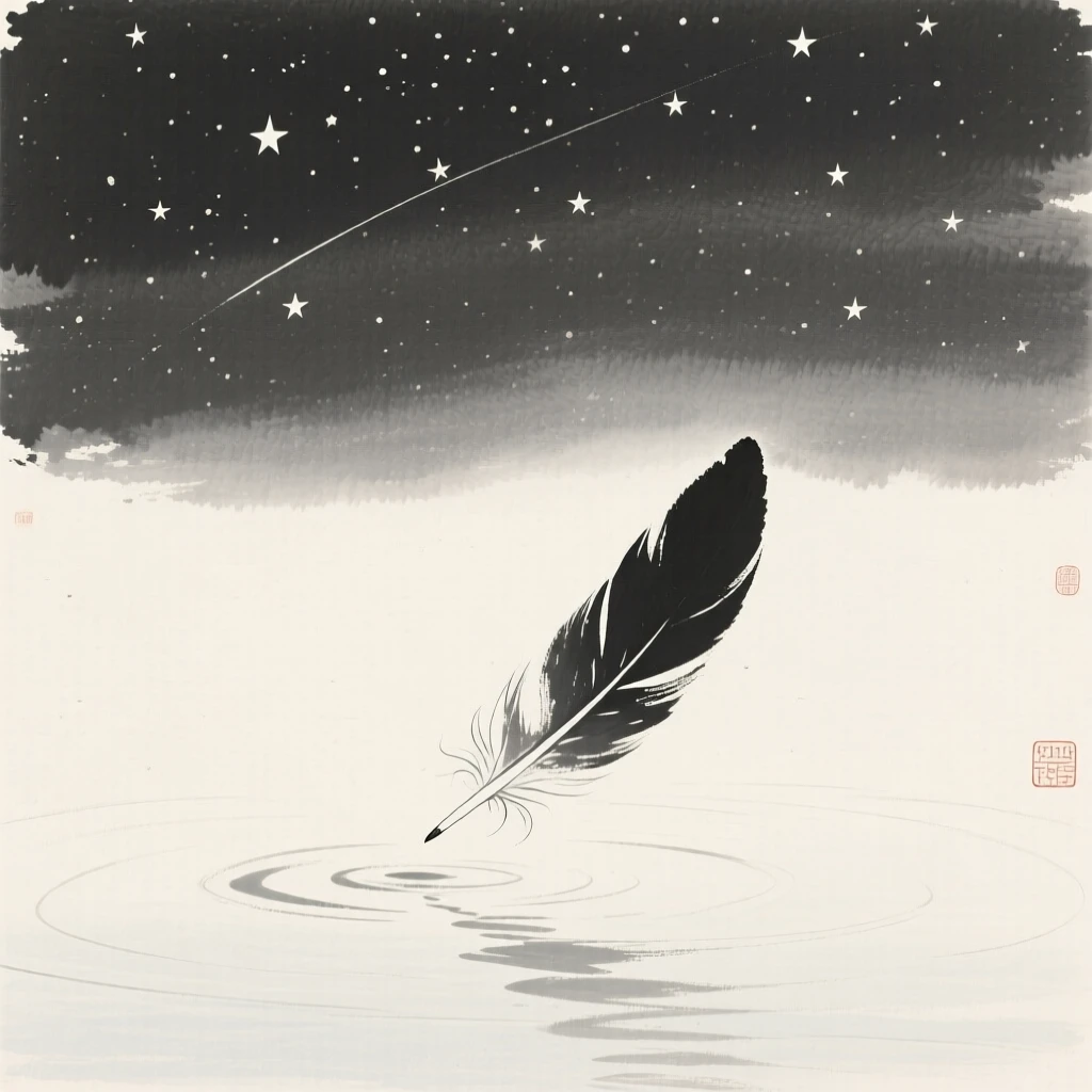 A single feather drifting down onto still water beneath a canopy of quiet stars, framed with soft, diffused light throughout, carrying a hushed, contemplative silence.