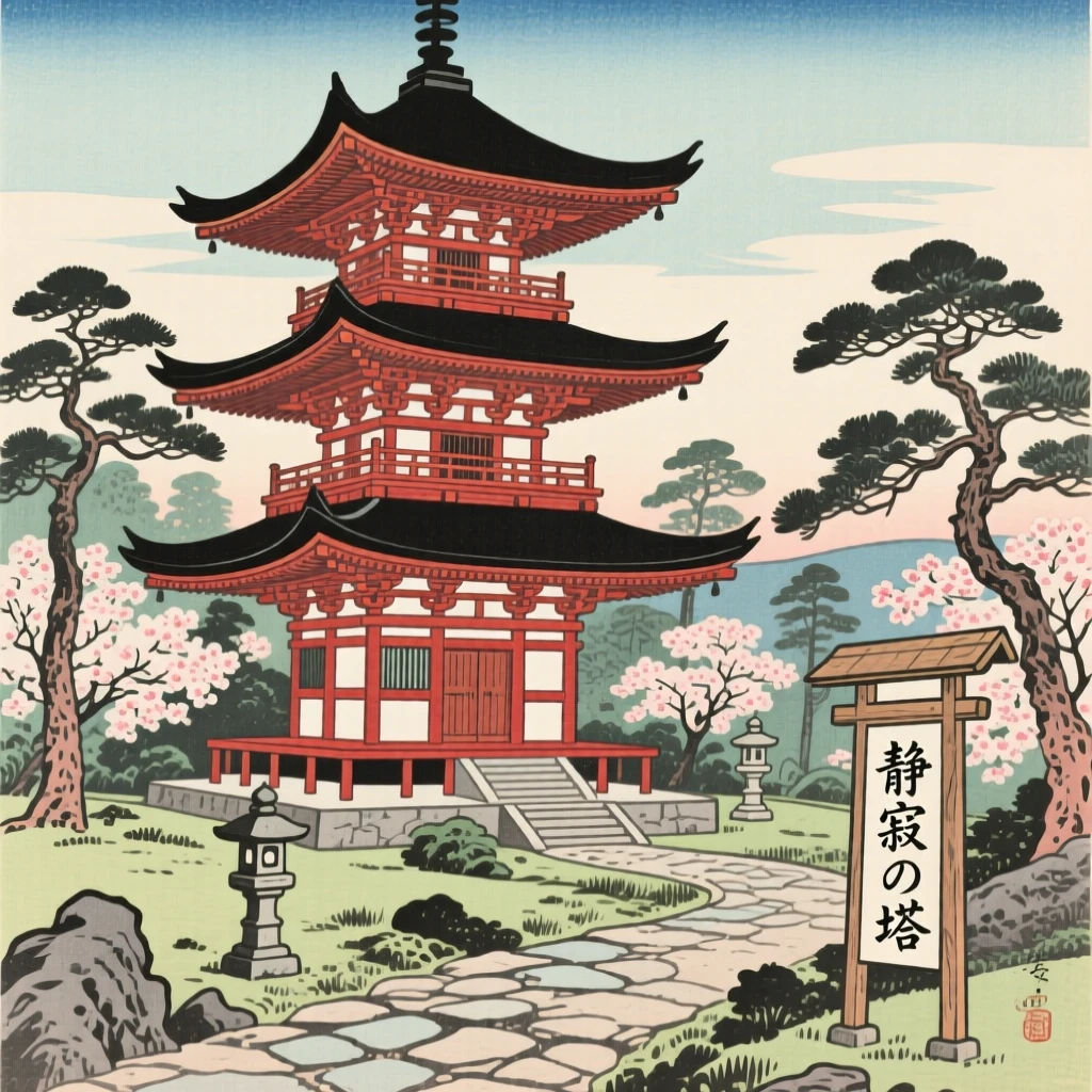 A multi-tiered wooden pagoda connected by winding stone paths.