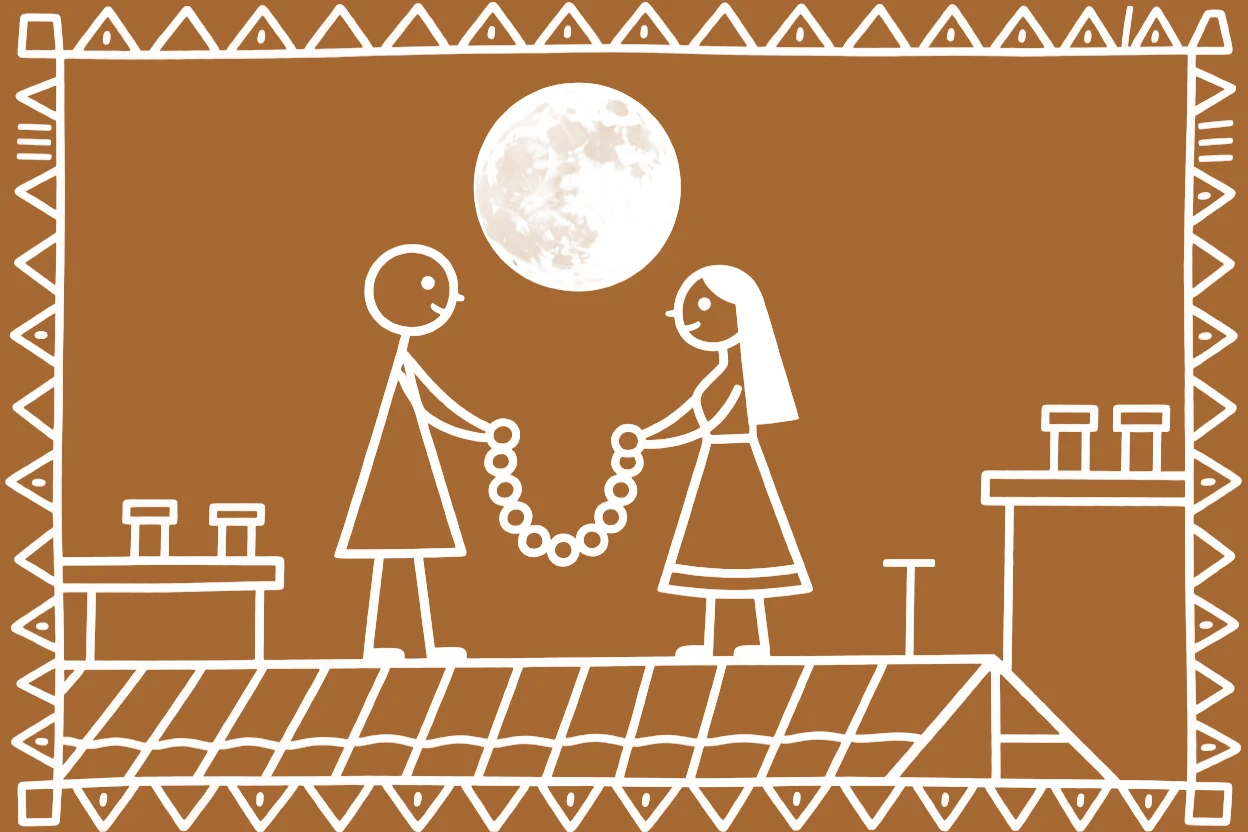 A couple exchanging garlands gazing at the full moon together from a rooftop.