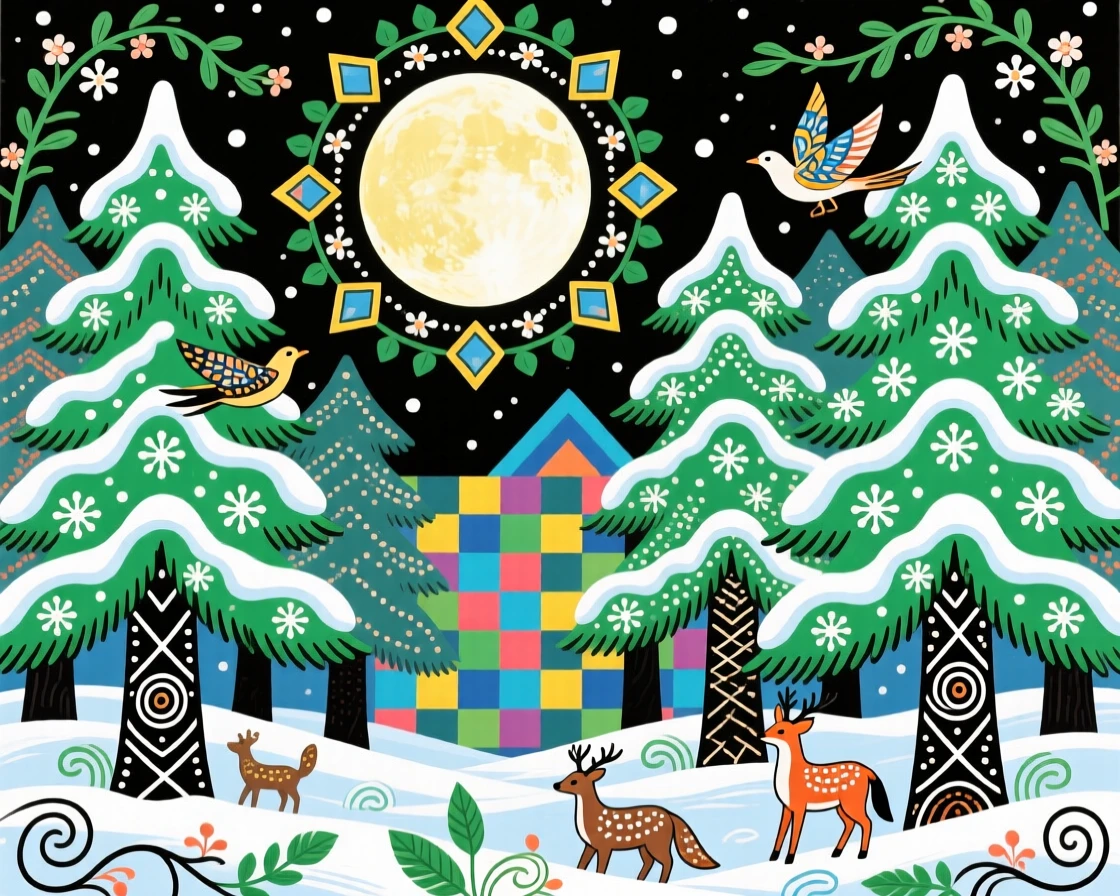A snow-covered pine forest glowing softly beneath a full moon.