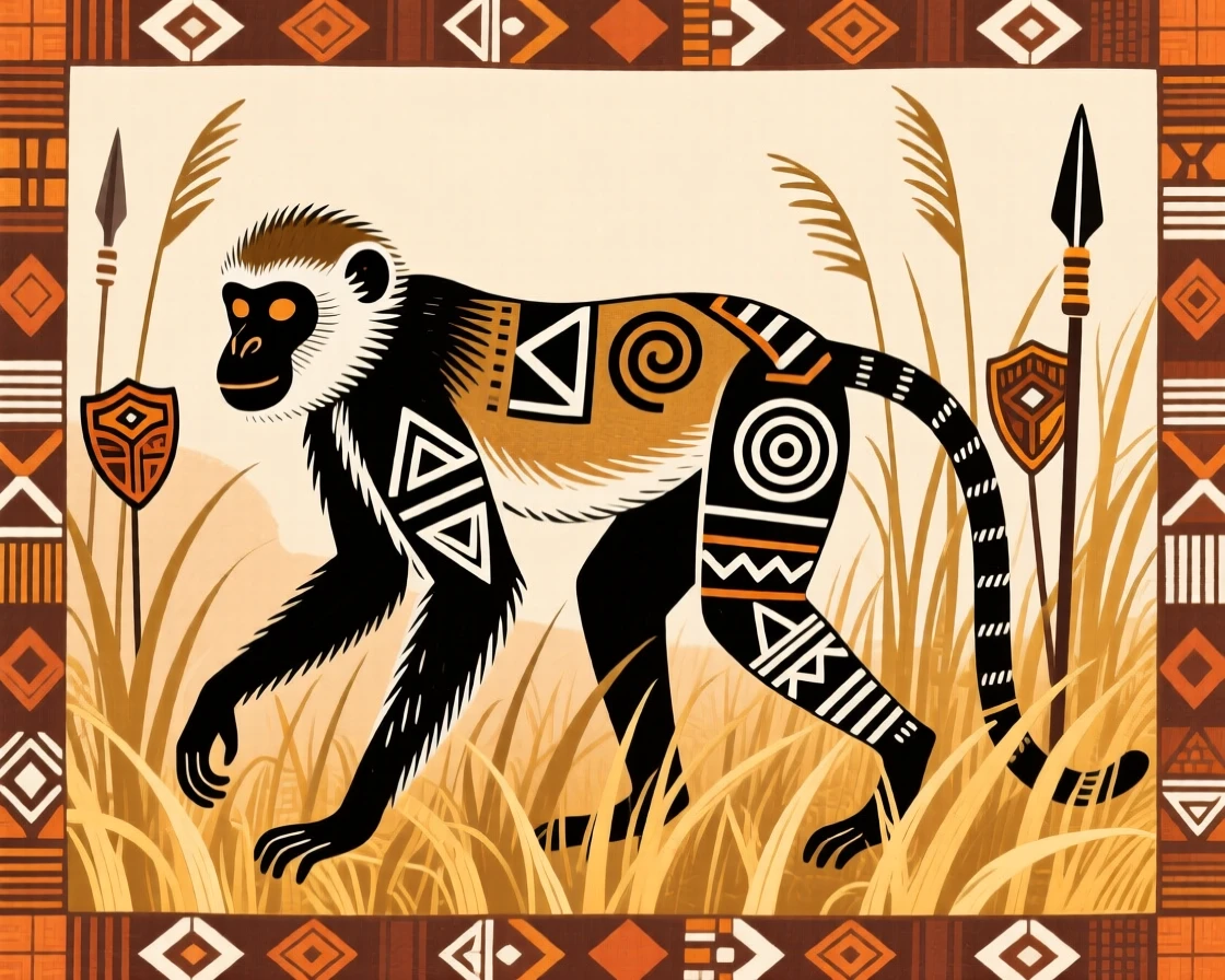A colobus monkey walking through tall golden grass.