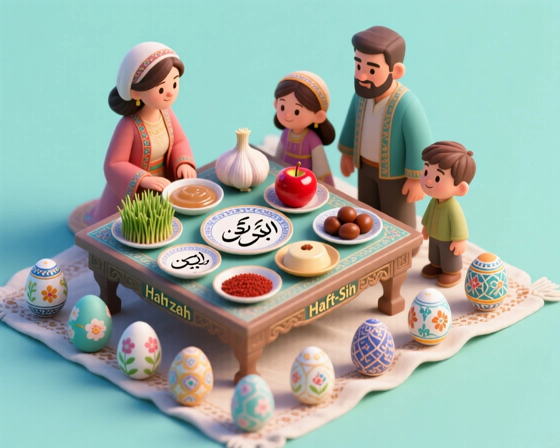 A Persian Nowruz celebration with a decorated haft-sin table, painted eggs, and a family gathered to welcome spring.