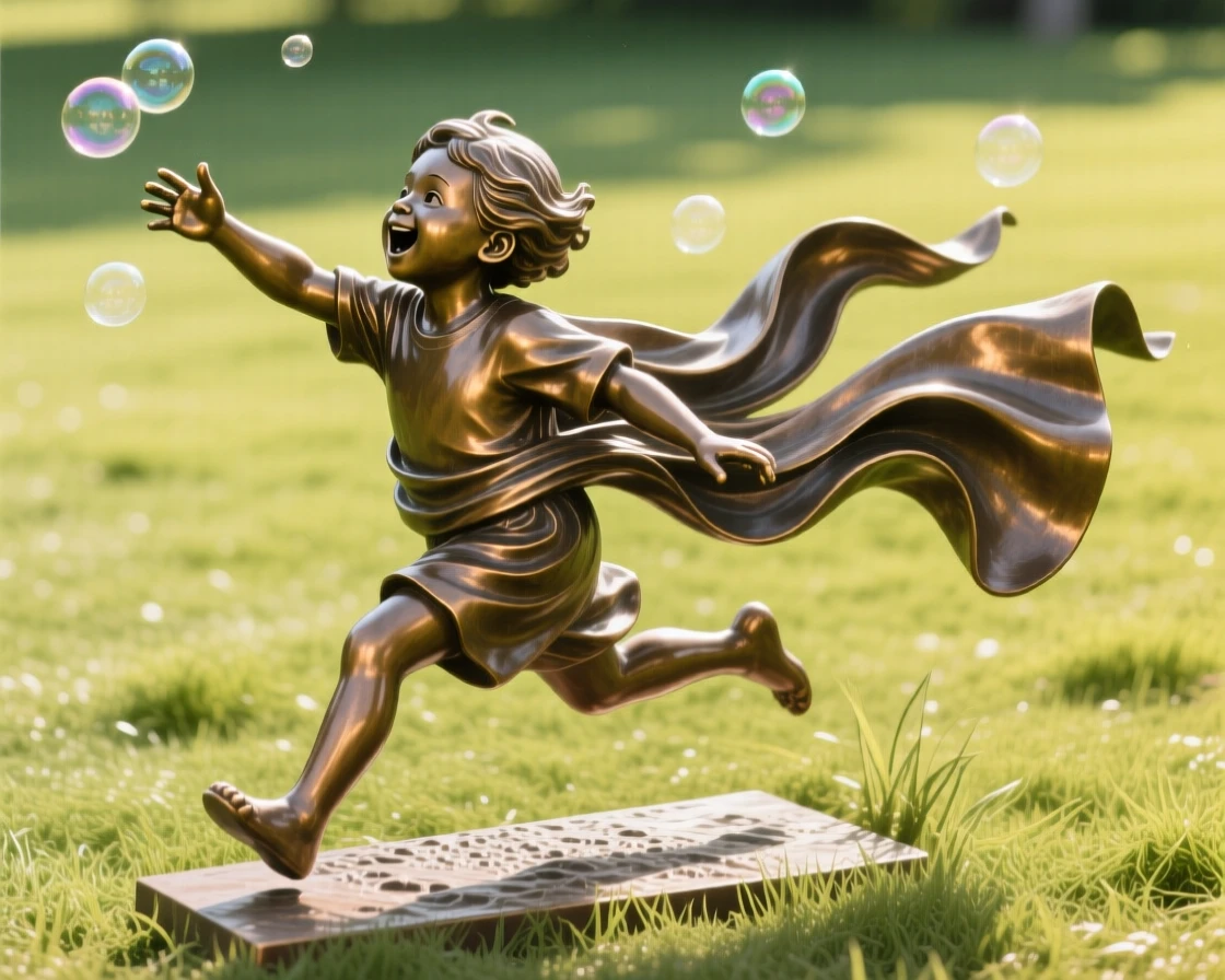 A child chasing bubbles across a sunlit lawn, surrounded by swirling fabric and motion, forming a strong central focal point