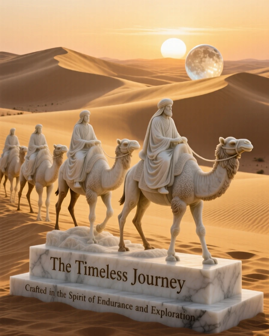 A beautifully composed image of a caravan crossing golden desert dunes at sunset, surrounded by soft, glowing light, full of atmosphere and visual storytelling