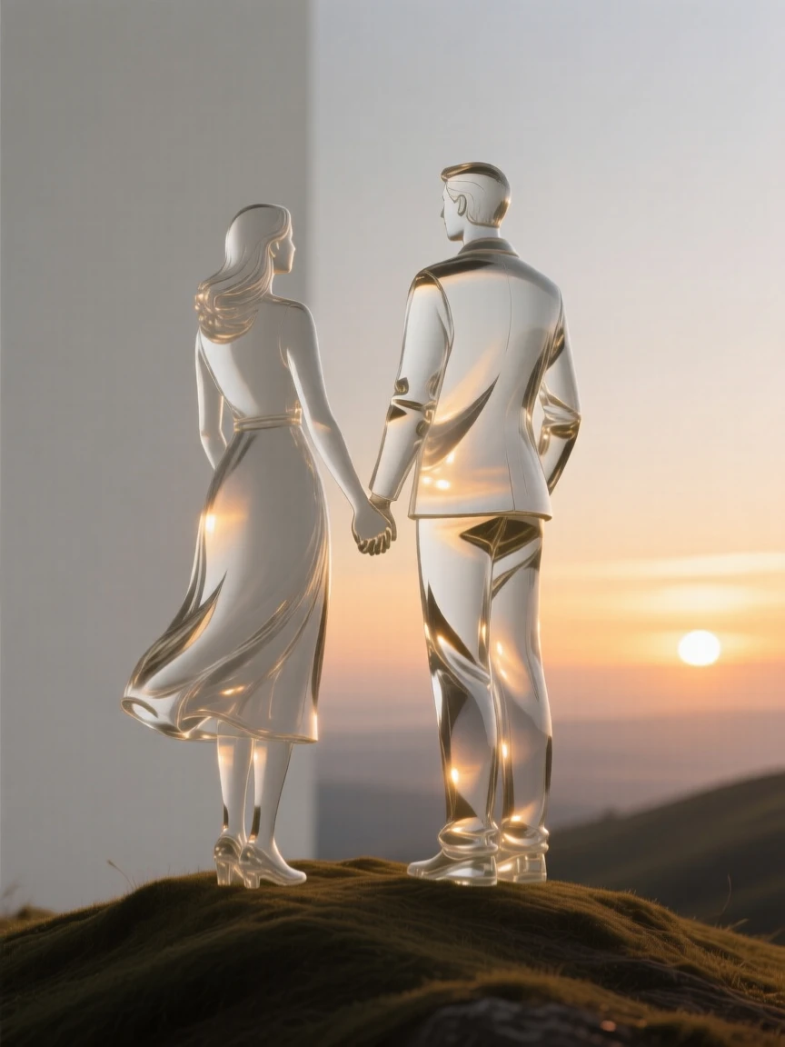 As golden light spills across the room, a couple holding hands while watching the sunset from a hilltop, while quiet joy fills the space between them