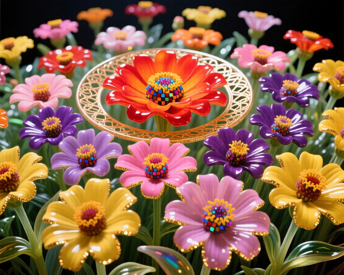 A field of blooming zinnias arranged in vibrant concentric circles, cheerful and hypnotic.