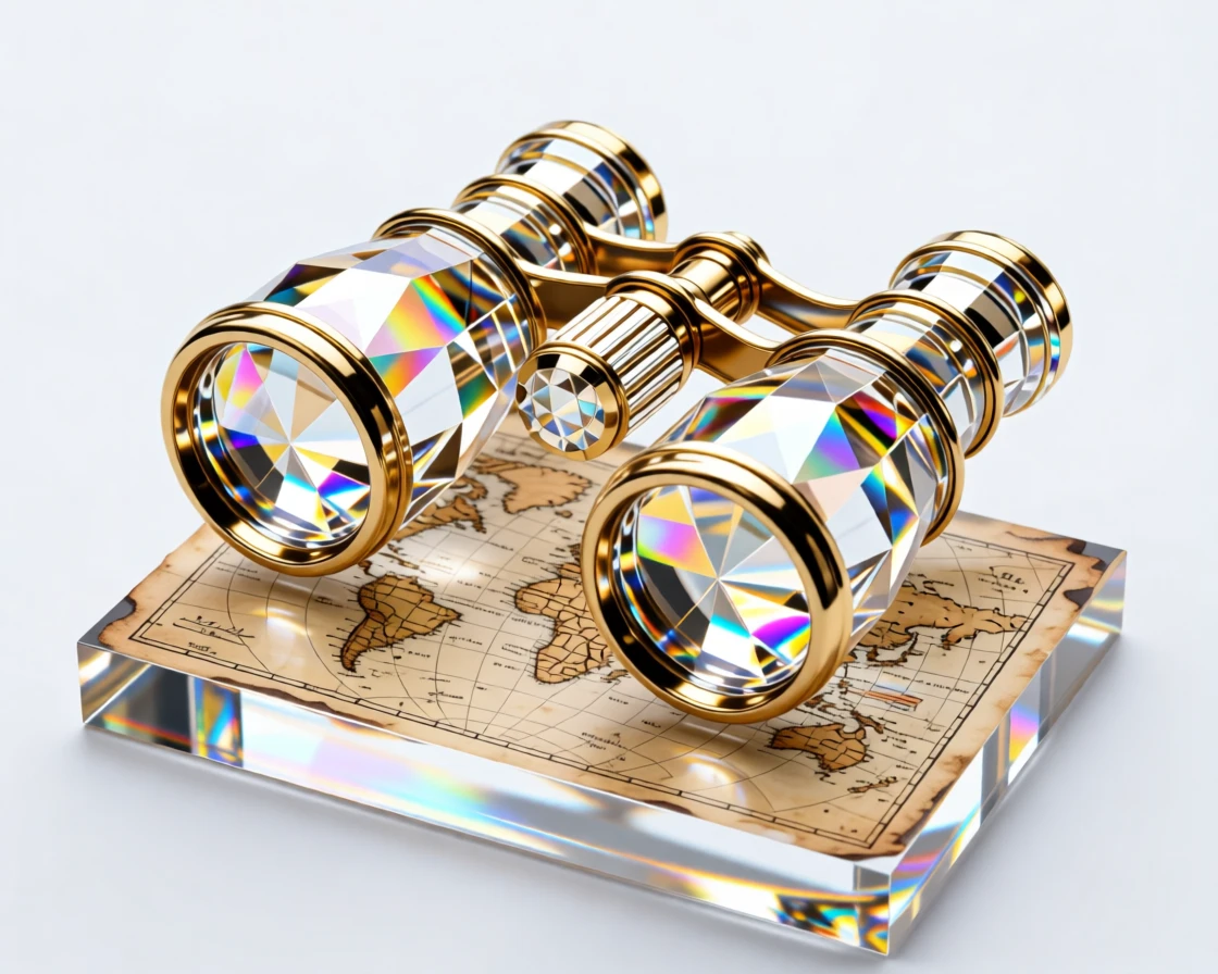 A pair of vintage binoculars with brass detailing resting on an old world map.
