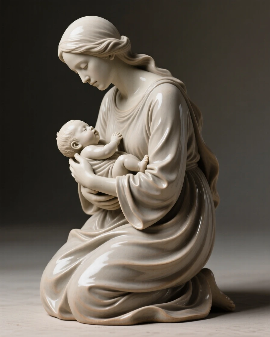 A mother cradling her newborn child kneeling with quiet, contemplative stillness, draped in flowing garments that ripple with movement, evoking tenderness and quiet intimacy.