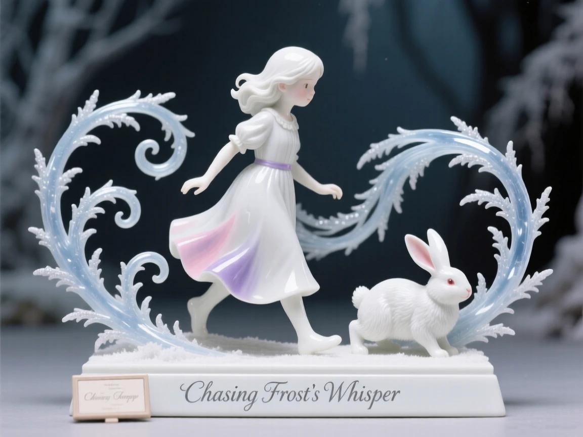A storybook depiction of a girl following a white rabbit commanding swirling patterns of frost, evoking the magic of a bedtime tale.
