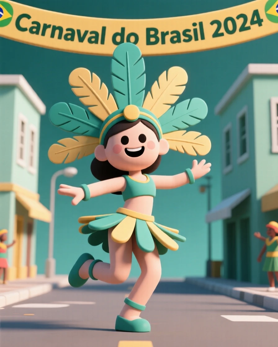 A cheerful Brazilian samba dancer twirls in a feathered costume during a vibrant street carnival parade.