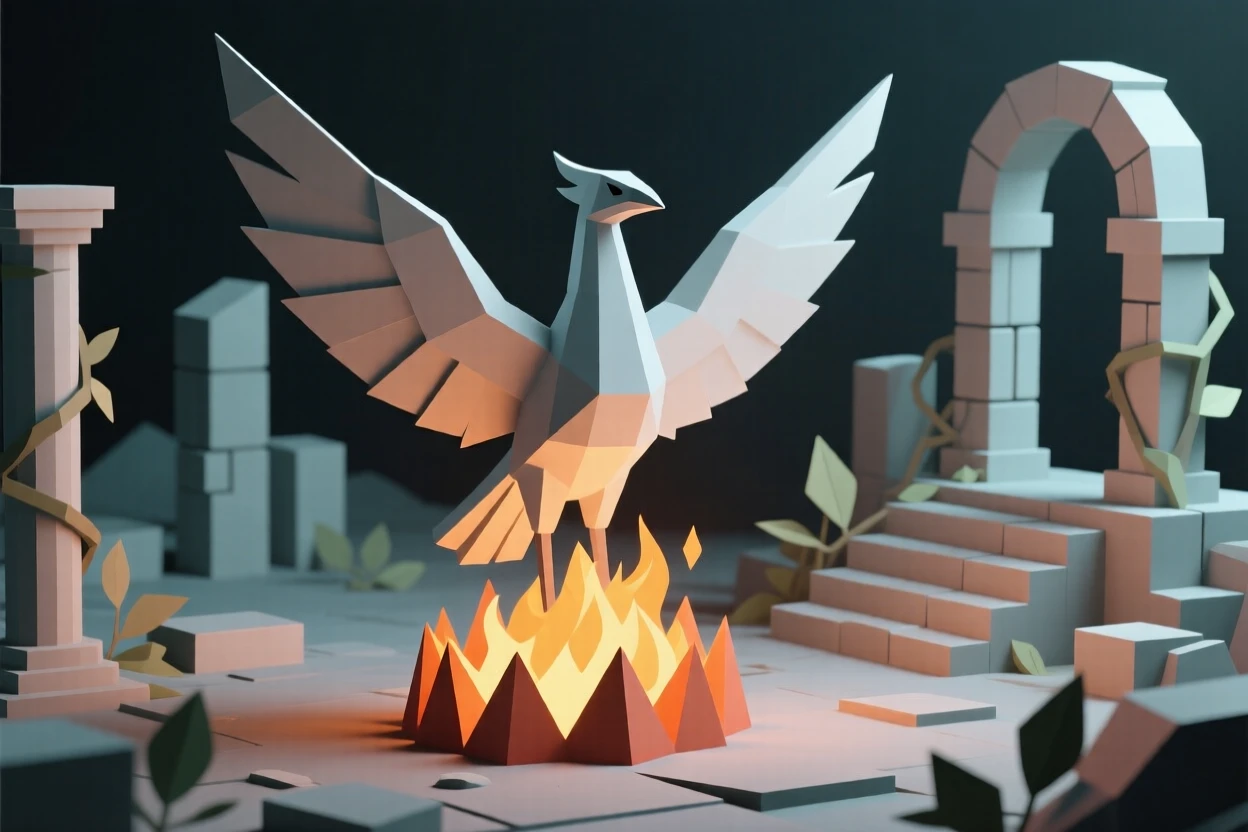 A glowing phoenix rising from a burst of flame, amid ancient ruins reclaimed by nature. intricate details enrich the ancient architecture. The mood is mysterious yet inviting.
