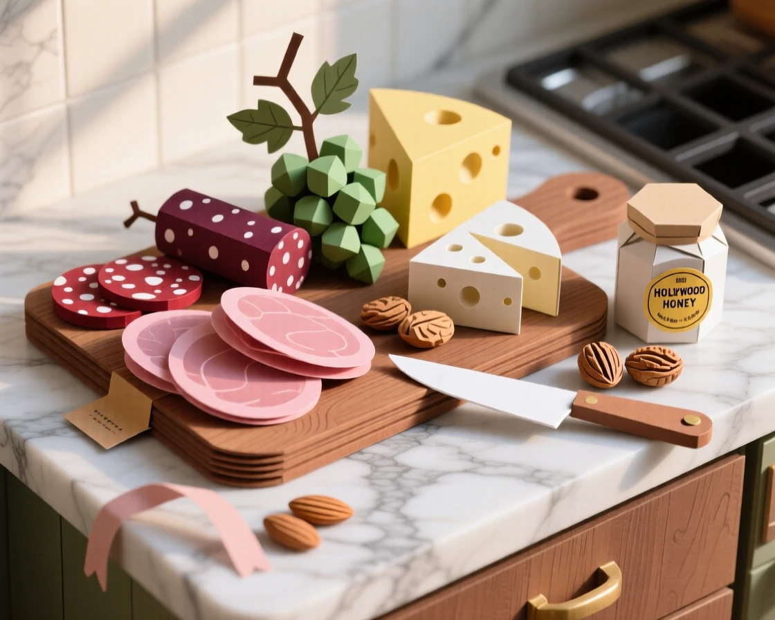 A rustic charcuterie spread displayed on an elegant marble counter, with morning light catching every texture, evoking cozy, homemade charm.