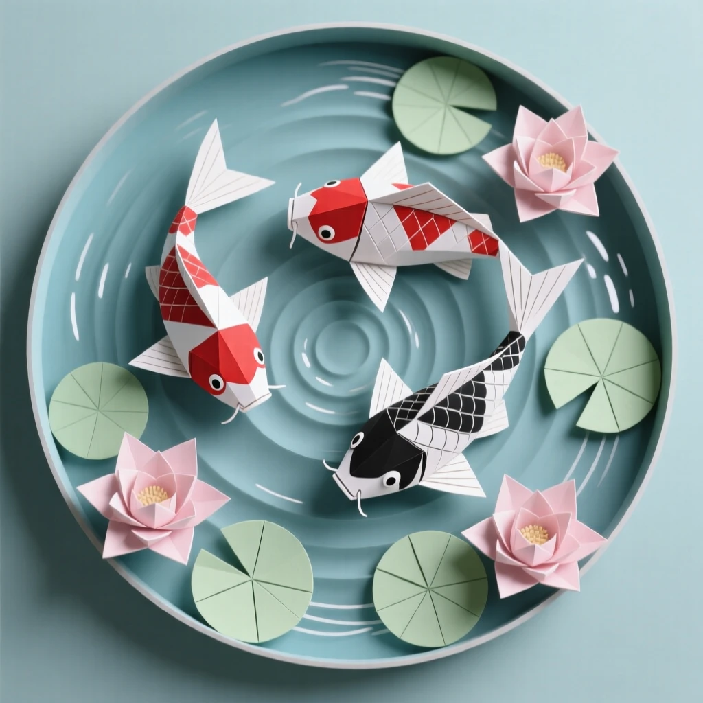 A decorative koi pond scene arranged in a circular medallion composition.