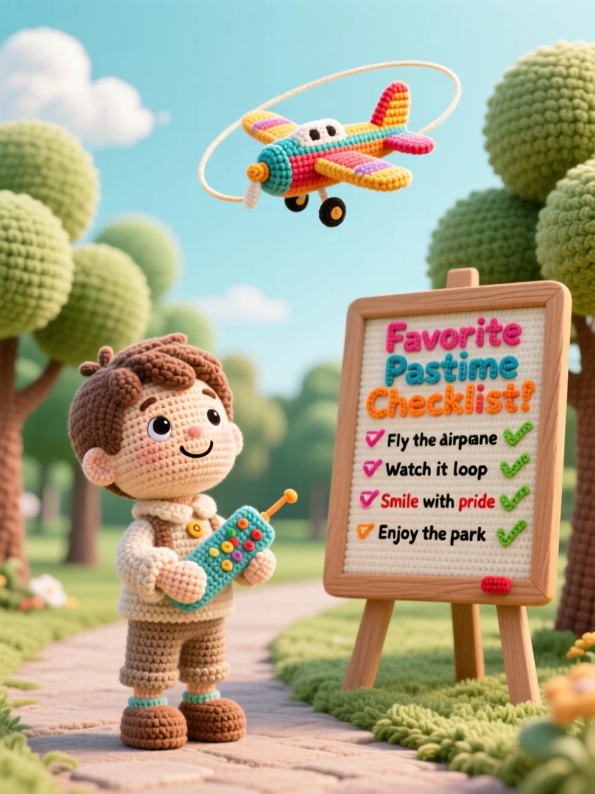 a small boy flying a remote control airplane, with a proud grin, is captured watching it loop through a clear sky in a quiet park path lined with trees beside a cheerful checklist pinned to a board, showing the simple happiness of a favorite pastime.