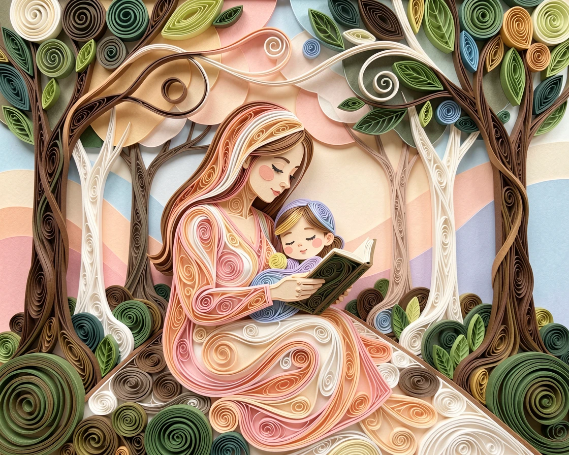 a mother reading a bedtime story to her sleepy child, on a tree-lined path in a city park, composed with generous warmth and closeness between subjects, in tender pastel morning light.