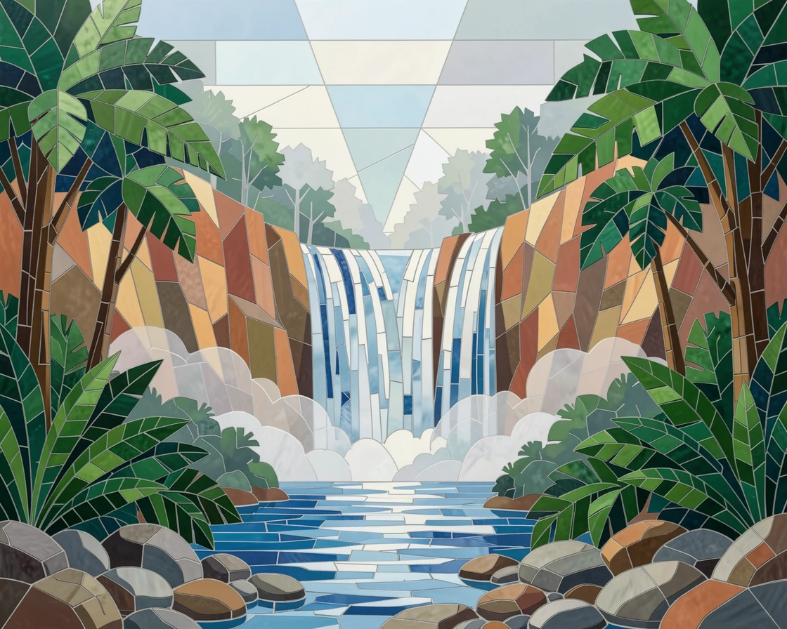 A dramatic waterfall cascading through a lush green rainforest canyon, under a soft blanket of morning fog.