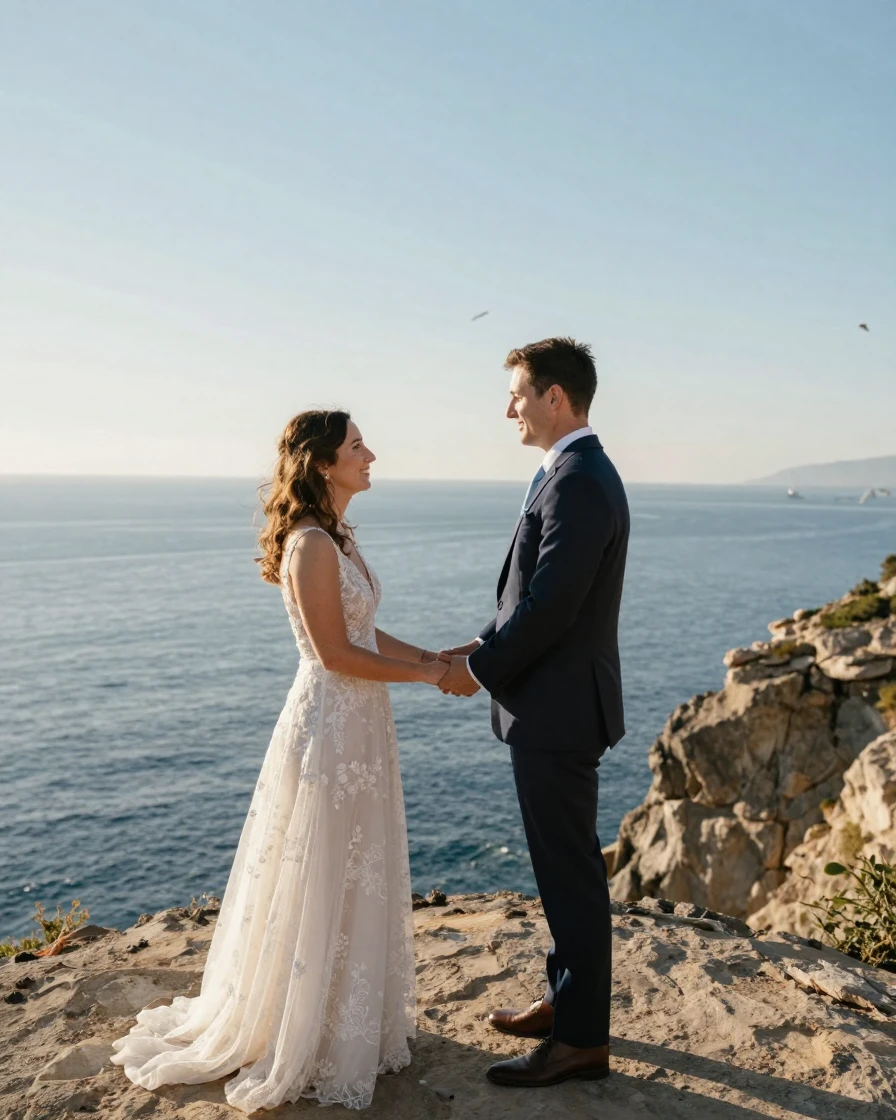 A couple exchanging vows on a cliffside overlooking the sea