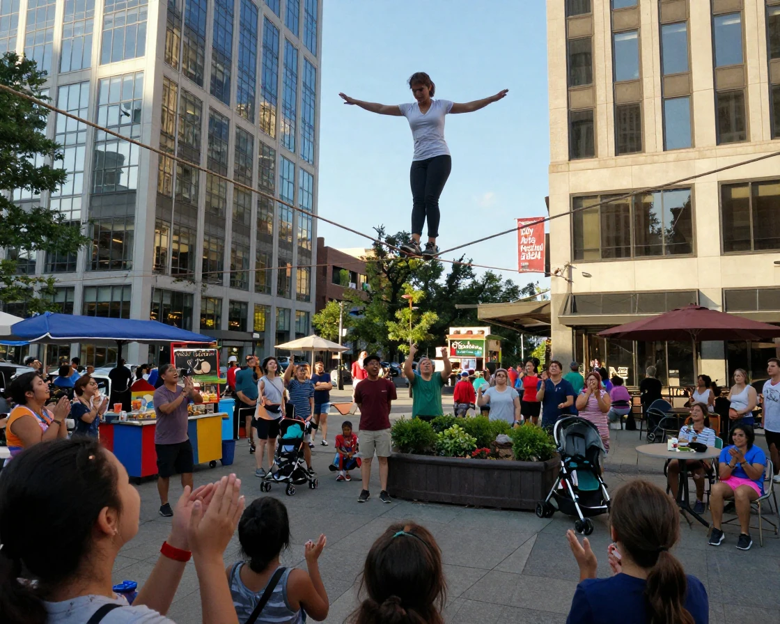A tightrope walker balances high above a city square lined with cheering spectators.