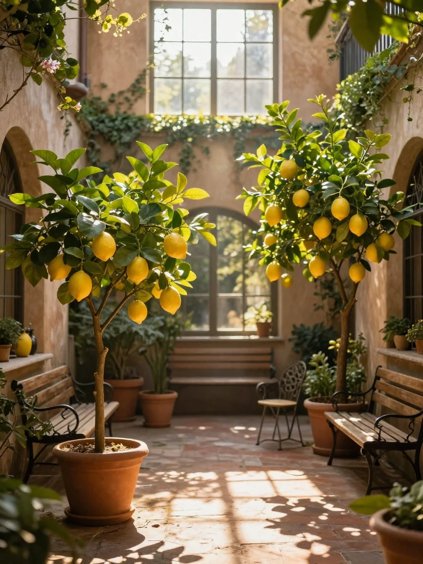 A charming courtyard filled with potted lemon trees, welcoming and warm, as morning light spills through the windows