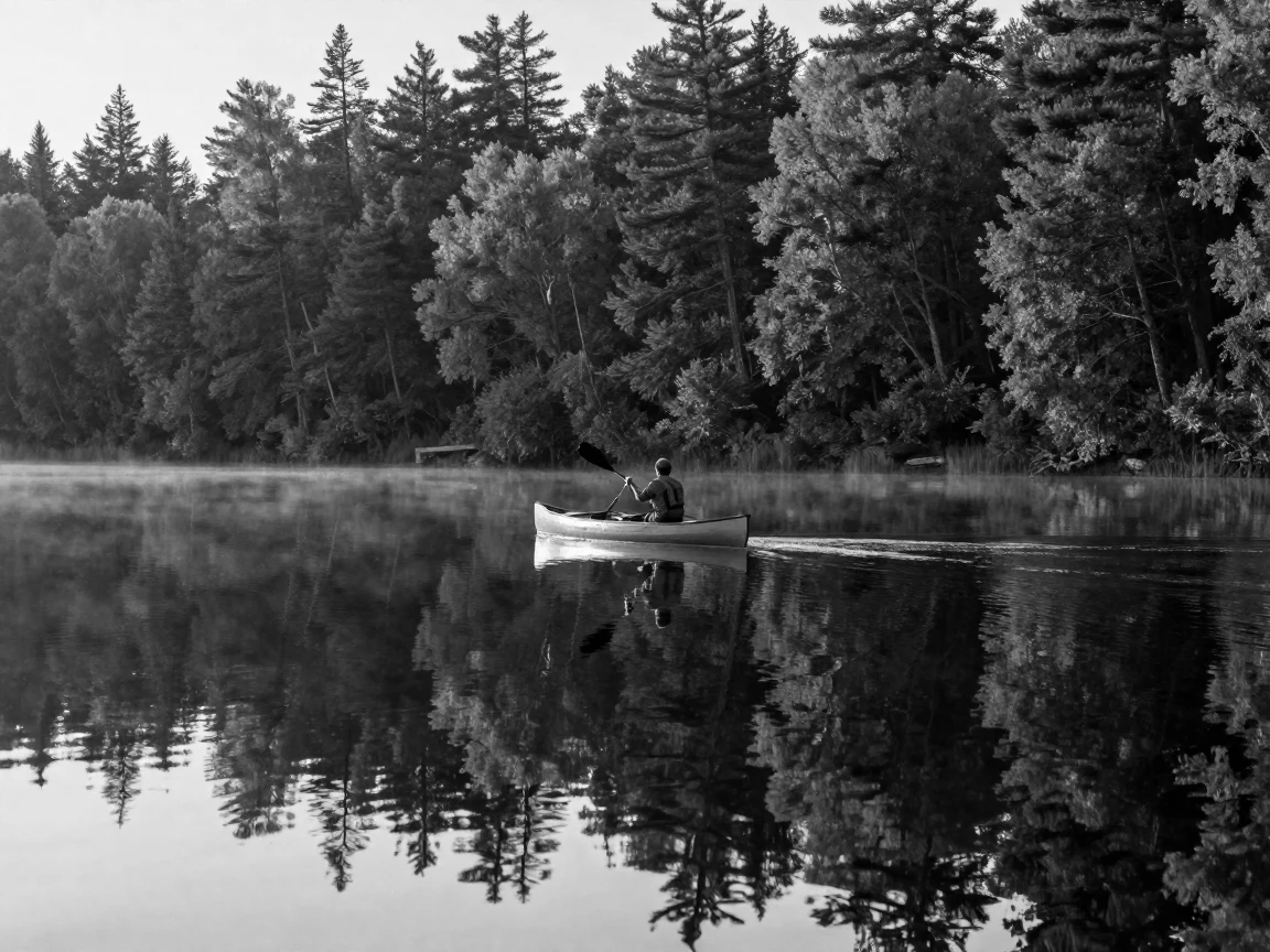 A canoeist paddles through calm morning waters on a calm forested lake.