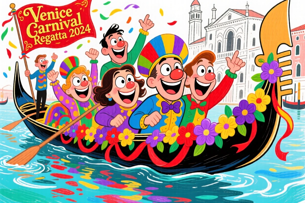 A group celebrating the Venice Carnival regatta, gondolas decorated with flowers and ribbons.