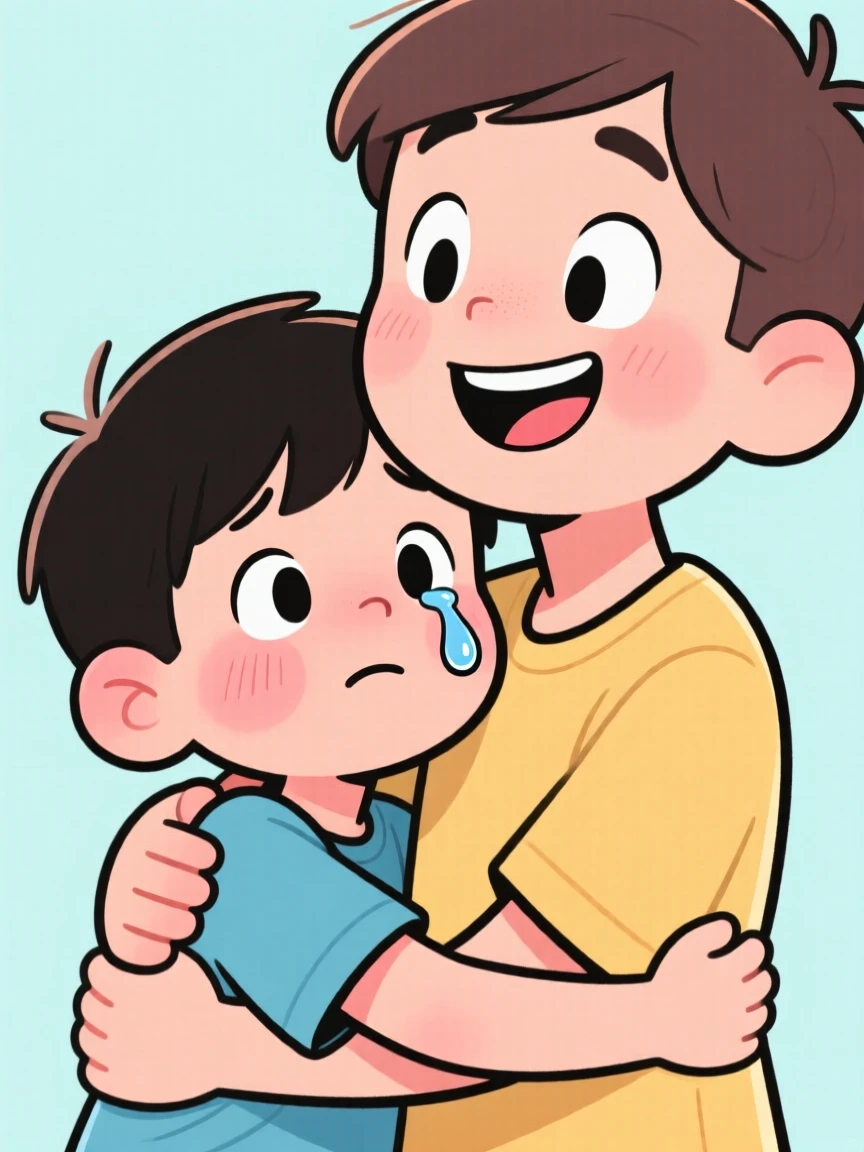 A heartwarming moment depicting a shy little boy sharing an unexpected, tender embrace, with a single joyful tear rolling down a cheek.