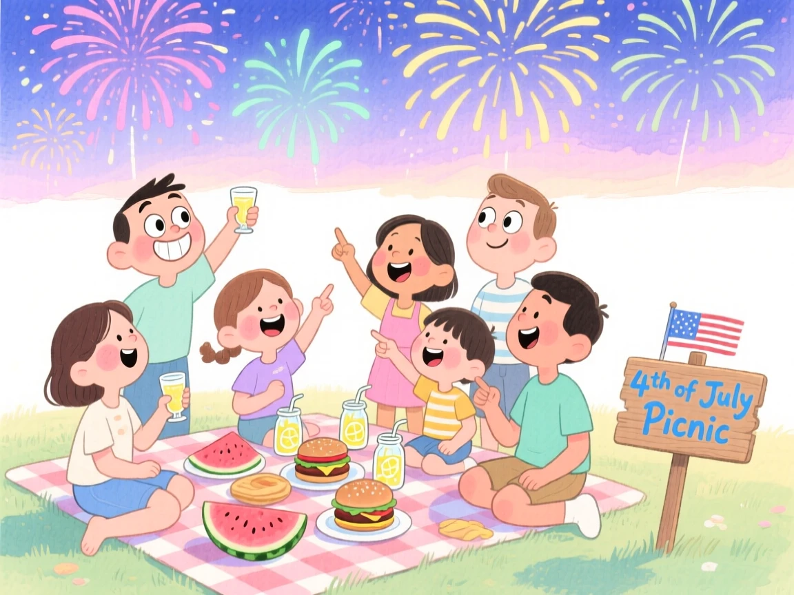 A joyful celebration scene of a summer 4th of July picnic with fireworks lighting the sky, filled with warmth and laughter