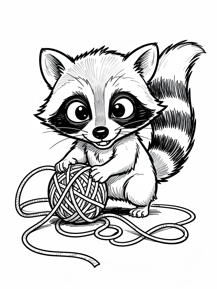 [Cute Animals & Pets] Adorable scene of a spirited baby raccoon playing with a ball of yarn, bursting with charm and playful energy