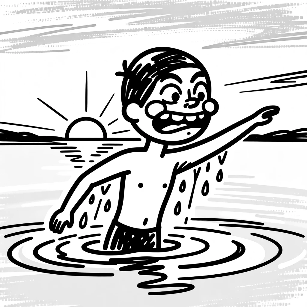 A swimmer emerging from a lake at sunrise, water droplets catching the light.